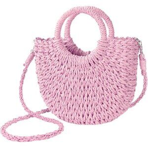 Women's Pink Straw Beach Woven Cross Body Shoulder Top Handle Satchel Handbag